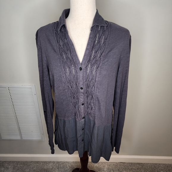Anthropologie Meadow Rue Dark Grey 3/4 sleeve button down shirt Size L - Picture 1 of 15
